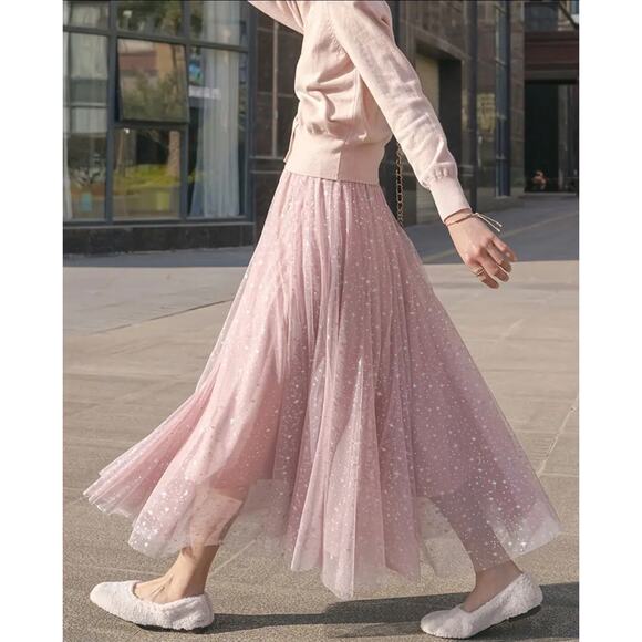 SHEIN Dresses & Skirts - Dusty Pink Silver Constellation Star Pull On Tulle Midi Skirt Flowy Kawaii Boho